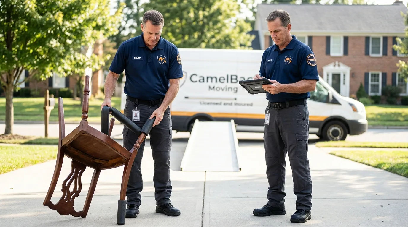 Movers inspecting furniture for damage prevention before loading in Lincoln, MT