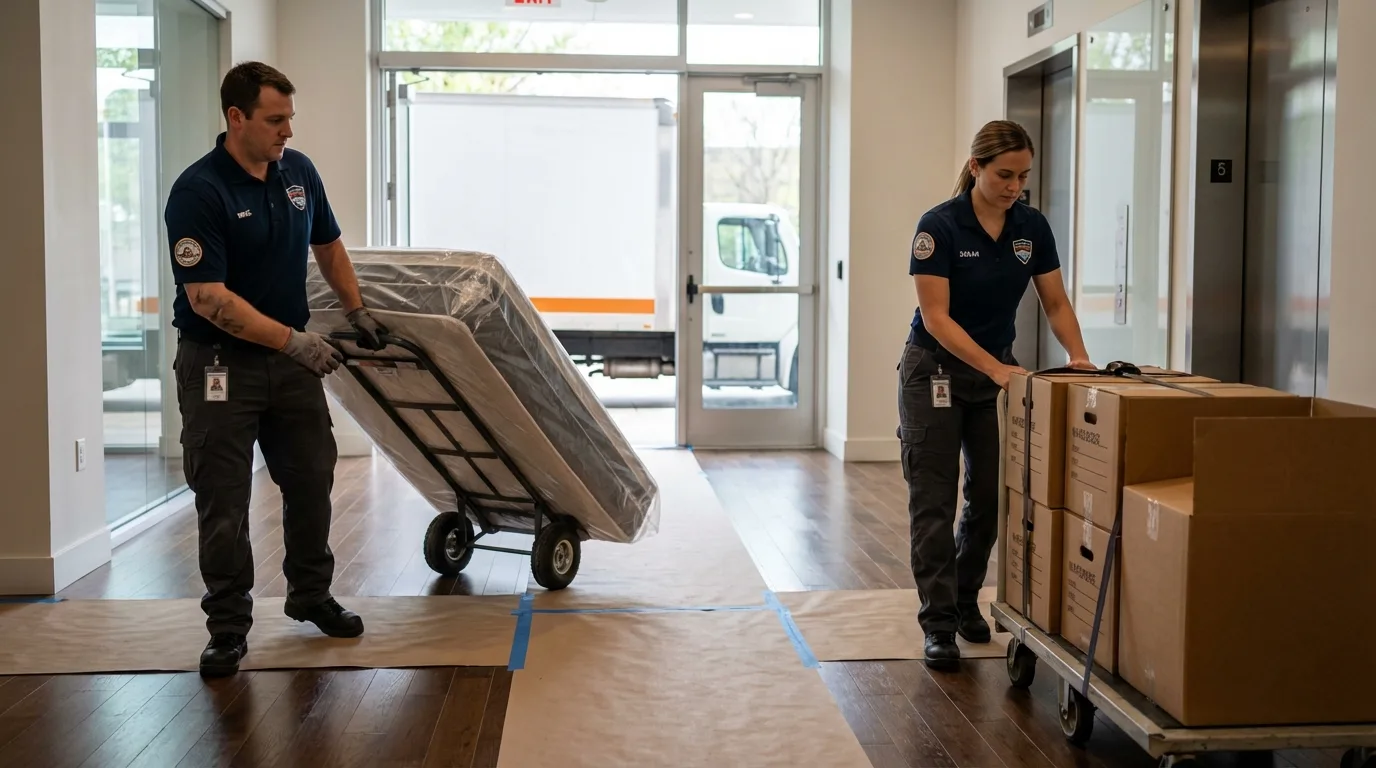 Professional apartment movers loading elevator in Lincoln, MT